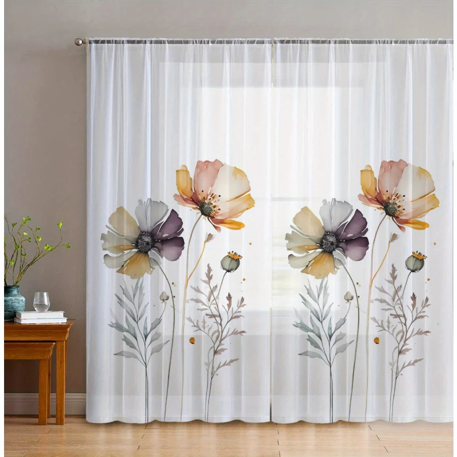 2PCS Digital Print Sheer Curtains, Lovely Four Poppy Flowers, Bold Floral Nature Garden Style for Bedroom Living Room Home Decor