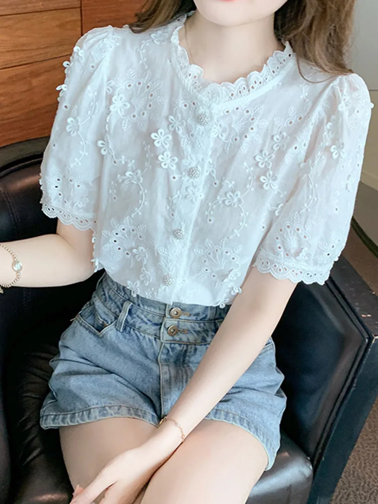 SMTHMA New Arrival French Sweet Short Sleeve Lace Embroidery Flower Shirt For Women Summer Single Breasted Top Female Clothing