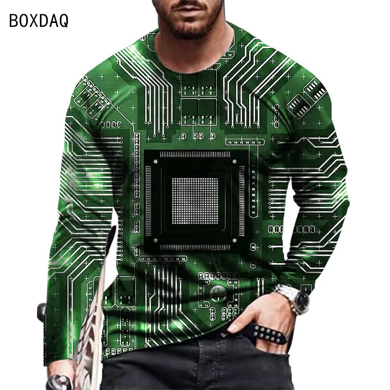 Long Sleeve Men TShirt Autumn New 3D Electronic Chip Pattern Casual T-Shirt Big Size 6XL Male Hip Hop Street All-match Tops