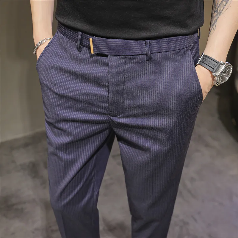 

2025 Summer Thin Gray Striped Suit Pants for Men,Navy Blue Korean Version Slim Fit Small Leg Men's Casual Trousers,Asian Size