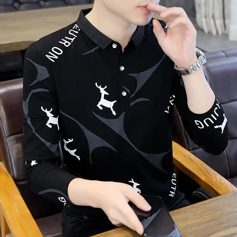 

Мужская осенне-зимняя рубашка-поло с длинным рукавом в корейском стиле, с отложным воротником, стильная повседневная футболка, удобная и комфортная посадка