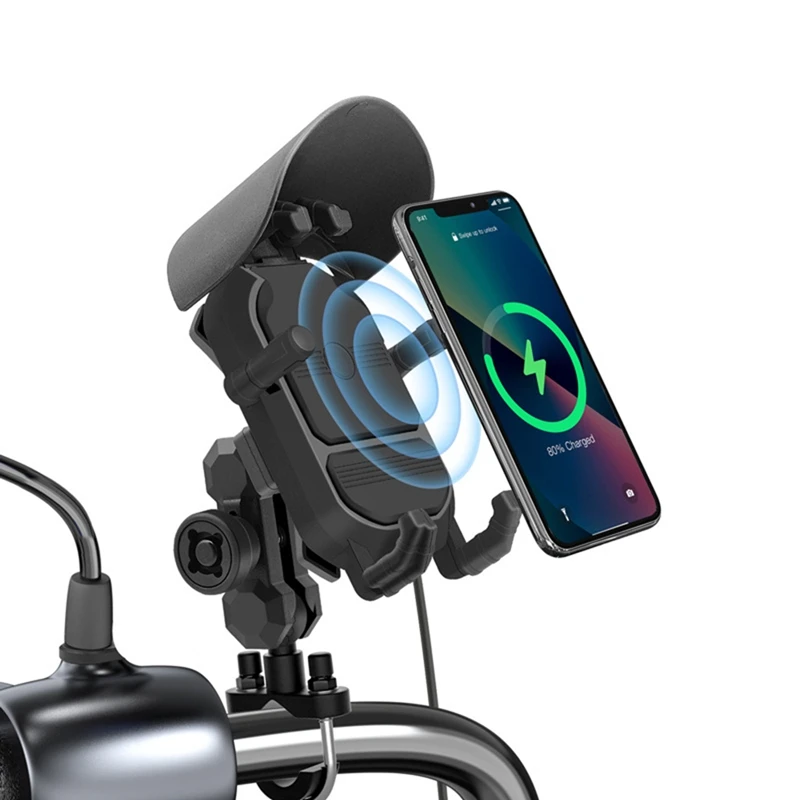 Motorcycle Handlebar Phone Mount With 15W Wireless Charger & Vibration Dampener, Anti-Theft, Adjustable Phone Holder, Durable