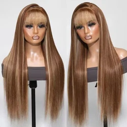 Highlight Ombre Blonde Human Hair Wigs With Bang Glueless Bone Straight Fringe Lace Wig Human Hair Bangs 13x4 HD Lace Front Wig