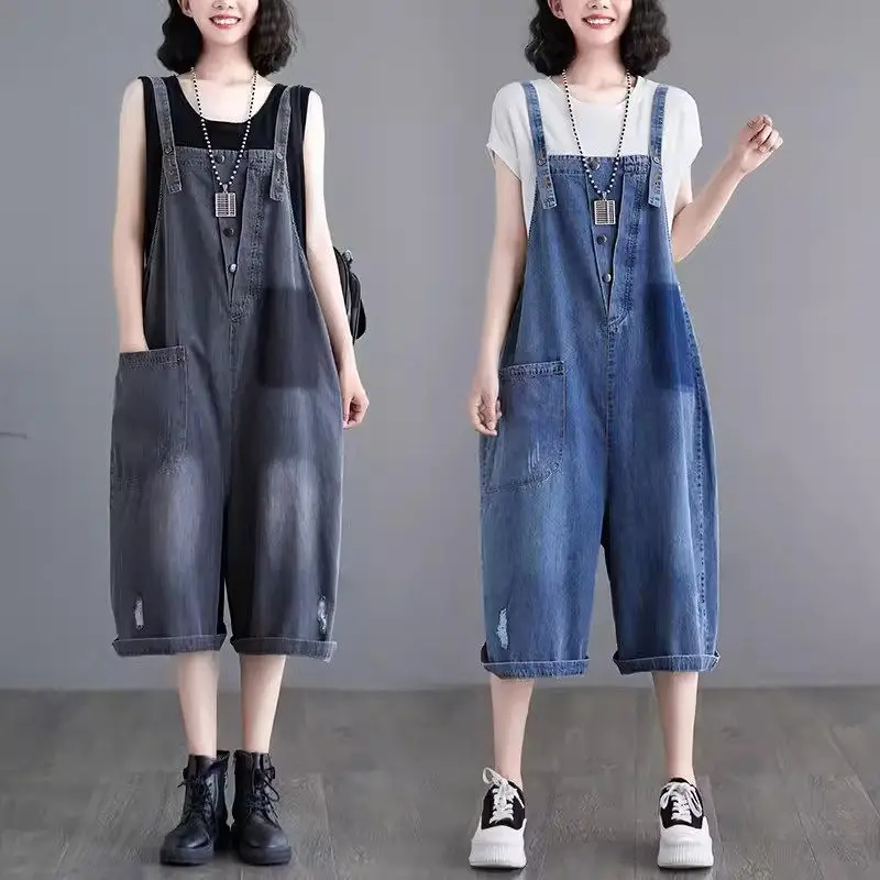 

2023 Summer Jeans New Korean Edition Loose Large Size Denim Strap Pants Wide Leg Jumpsuit Versatile Capris Women Playsuit K1614