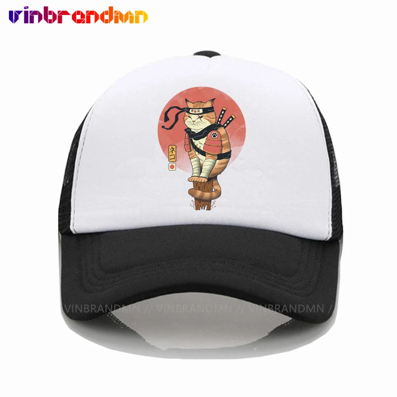 Funny Vintage Shinobi Cat Baseball Caps Unisex Summer Mesh Cap Hip Hop Casual Trucker Cap Janpanese Samurai Cat Cap Dropshipping