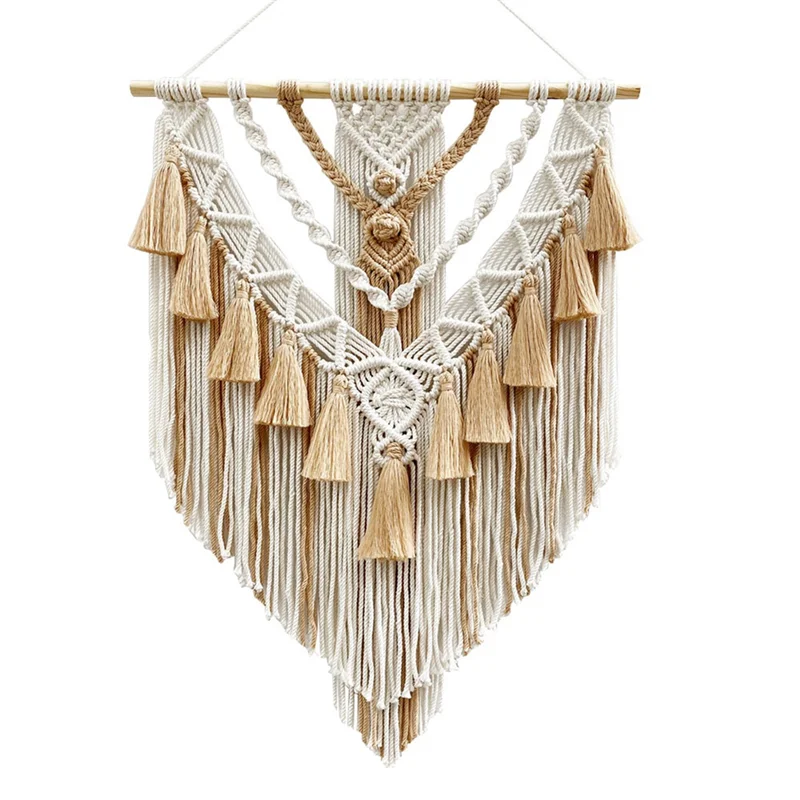 AT16 Hand-Woven Color Macrame Wall Hanging Ornament Boho Craft Decoration Gorgeous Tapestry for Livingroom Decor Khaki