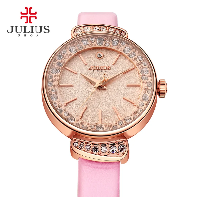 Rhinestones Women\'s Watch Japan Quartz Hour Fine Fashion Bracelet Luxury Real Leather Clock Girl\'s Birthday Gift Julius No Box