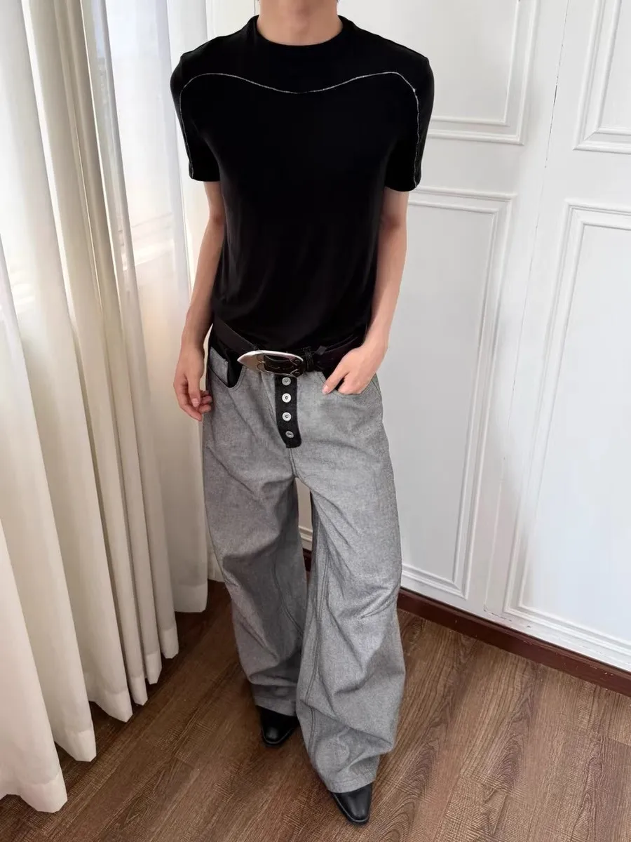 

Мужские облегающие прямые джинсы в американском стиле ретро, повседневные джинсы из полиэфирного волокна, однотонные молодежные модные свободные силуэты