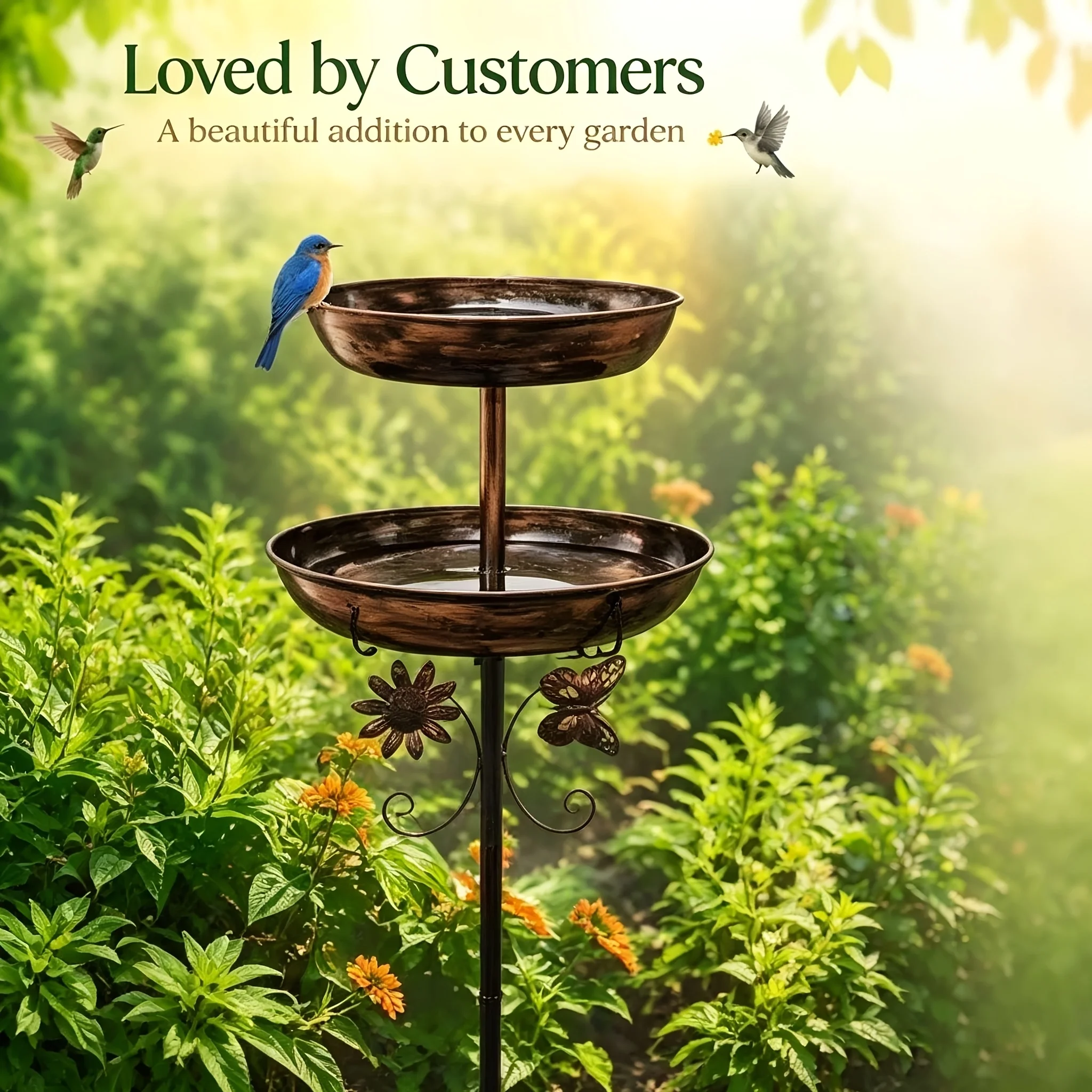 46in Dual-Layer Vintage Bird Bath And Feeder Set | Outdoor Rust-Resistant Five-Prong Ground Stakes Hummingbird Feeder Easy Cleaning Design Backyard Decor Classic Courtyard Accessories