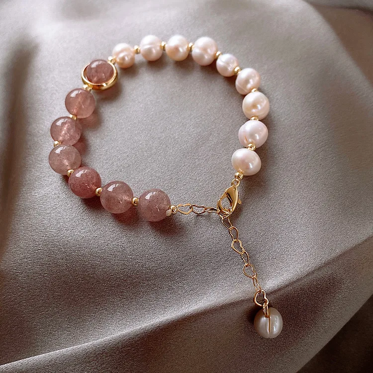 High Quality 100% Baroque Freshwater Pearl & Strawberry Quartz Female Bracelets Jewelry For Women Valentine\'s Day Gifts No Fade