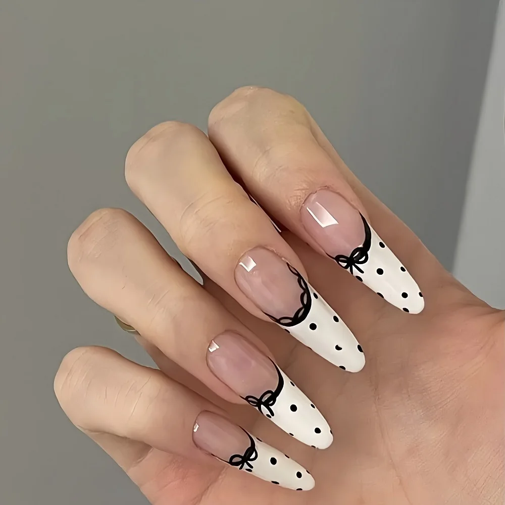 10Pcs French Handmade Manicure Long Almond Fake Nails New Cute Limited Nails Press On Nails Design z zestawem samoprzylepnych pilników do paznokci