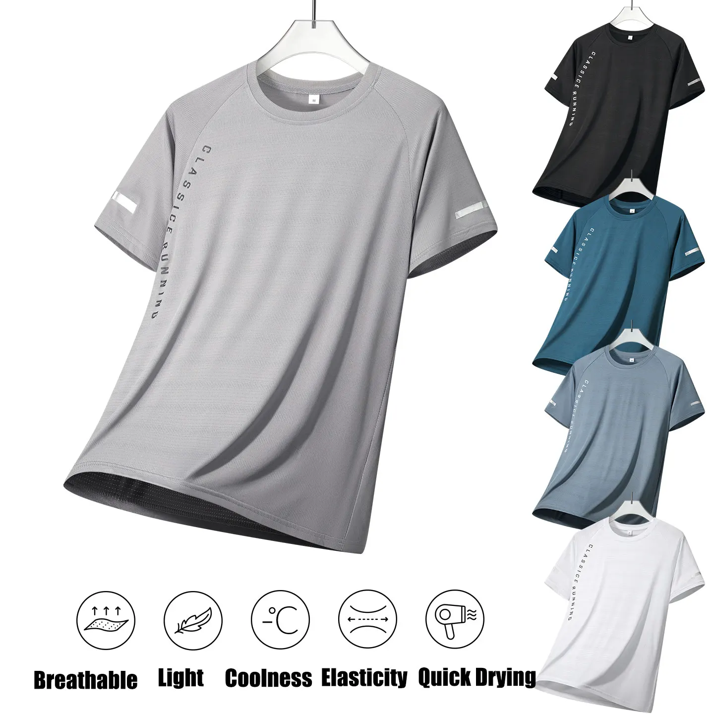 Camiseta Deportiva de Manga Corta para Hombre, de Seda Helada, Secado Rápido, Transpirable, Fresca, para Ciclismo y Fitness, Cuello Redondo