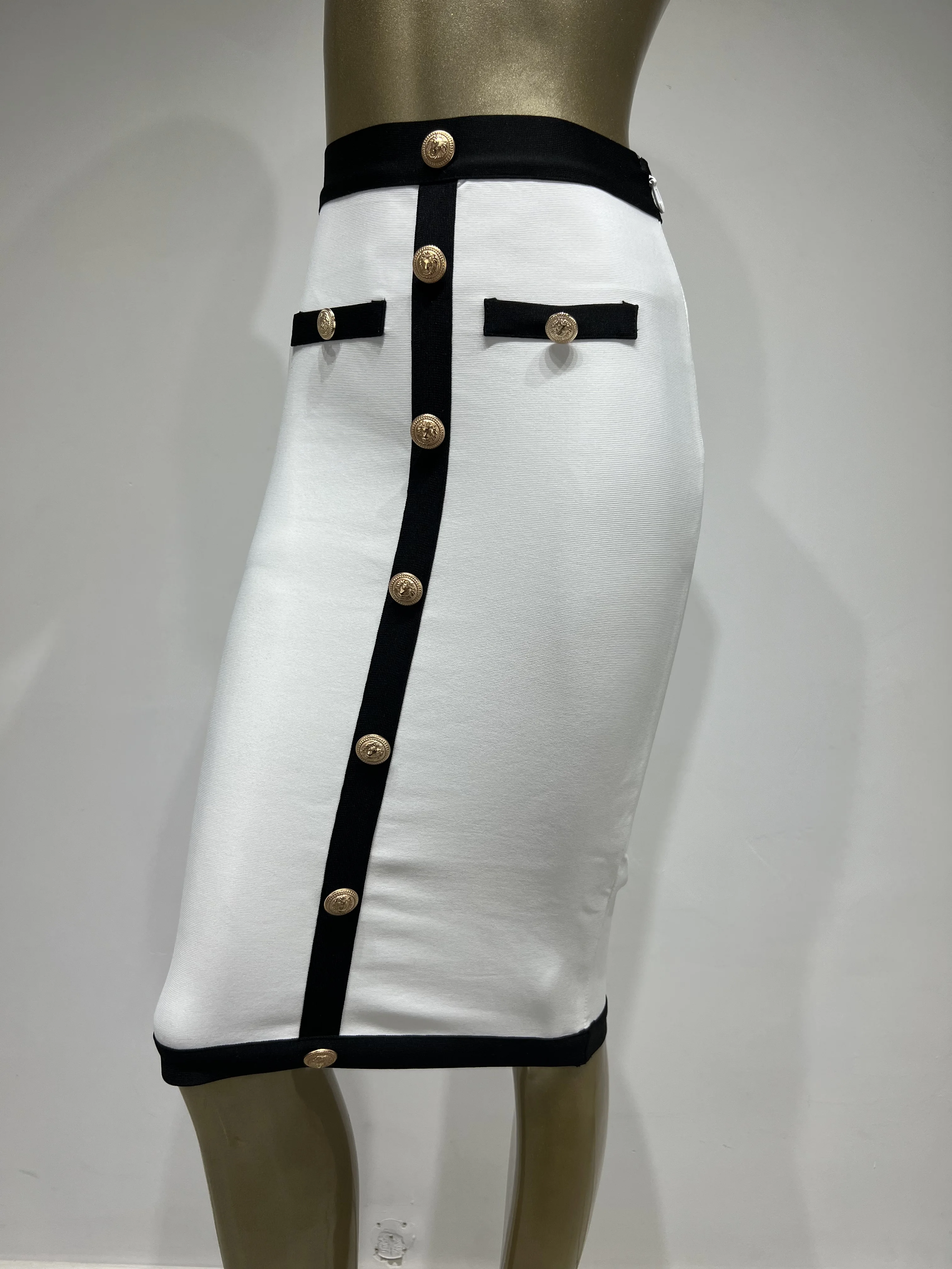 Women Elastic Bandage Skirt Black White High Waist Gold Buttons Elegant Pencil Skirts Office Lady  Formal Business Wear