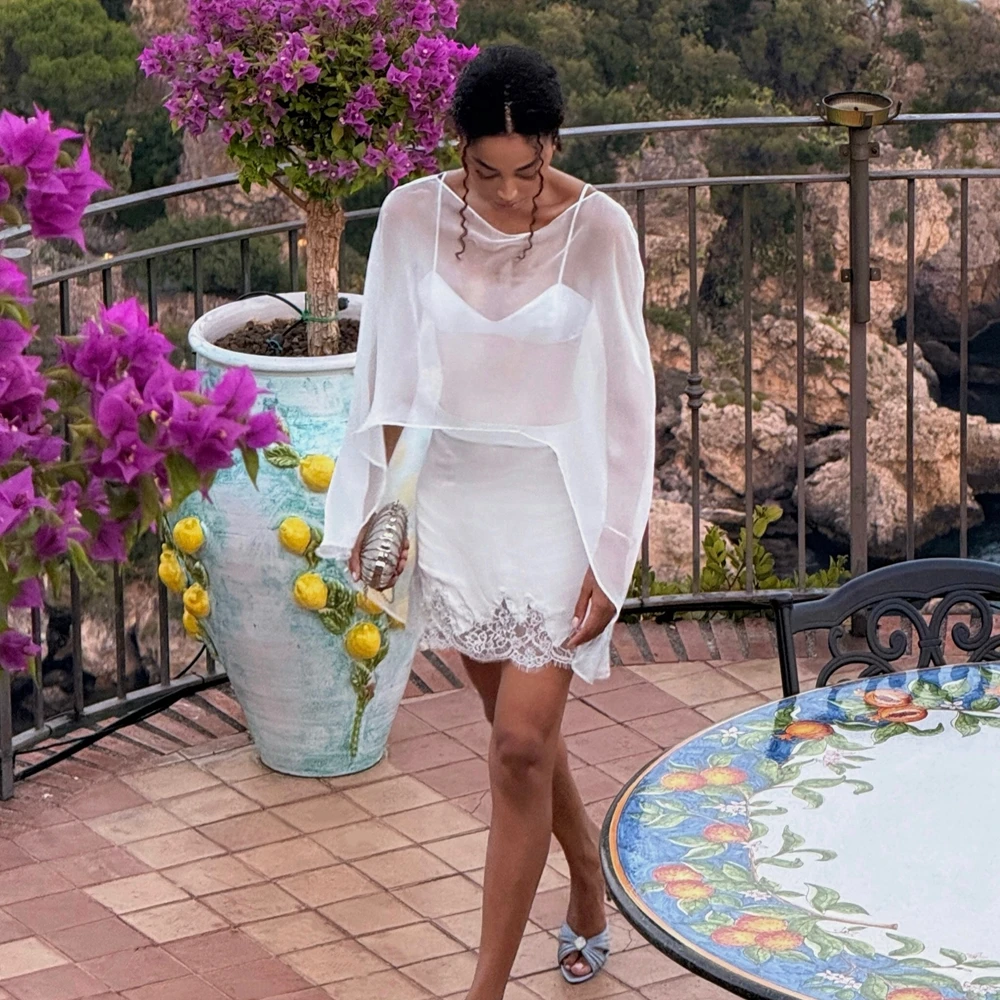 White Sheer Chiffon Beach Cover Up Women Tops Unique Sleeve Boho Summer Blouse Coverup Summer Mesh Ruffles Over Tops