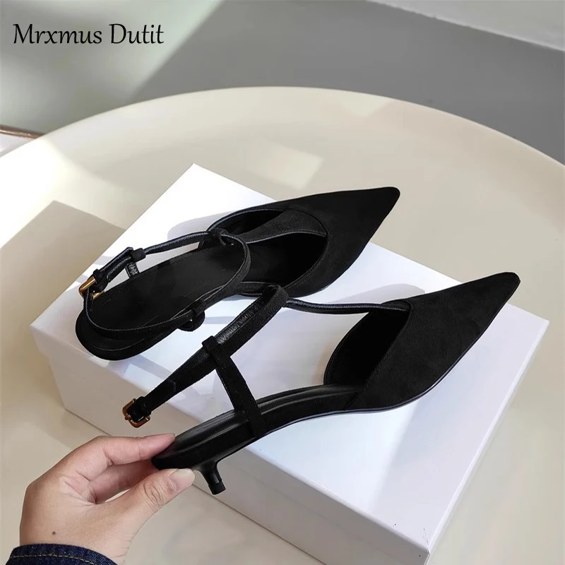 Mrxmus Dutit Women 2024 New Summer Fashion Leather Suede Pointed Low Heeled Sandals Comfort Solid Simple Elegant Shoes Female