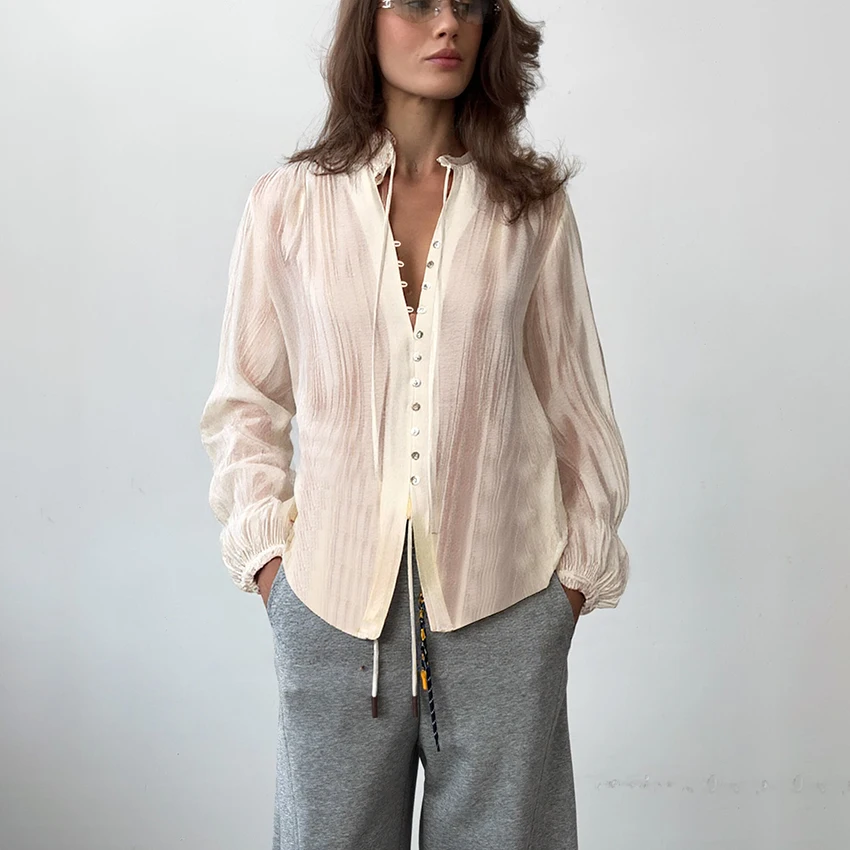 

Linad Elegant Beige Single-Breasted Shirts Female Summer Casual Loose Lace Up Blouse Women Street Chic Button Up Shirts 2025