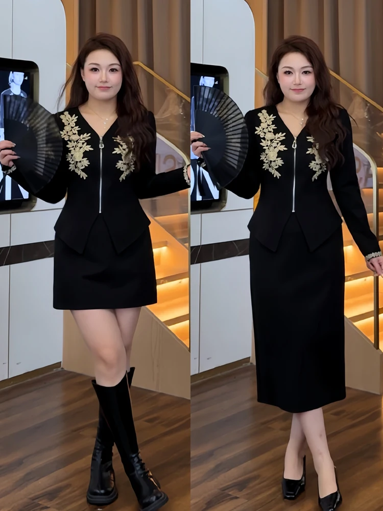 

Ele Embroidered plus Size Winter Faion Set Long Sve Top Midi Skirt High Waist Slim Fit Commute Sle V Ne Zipper C...
