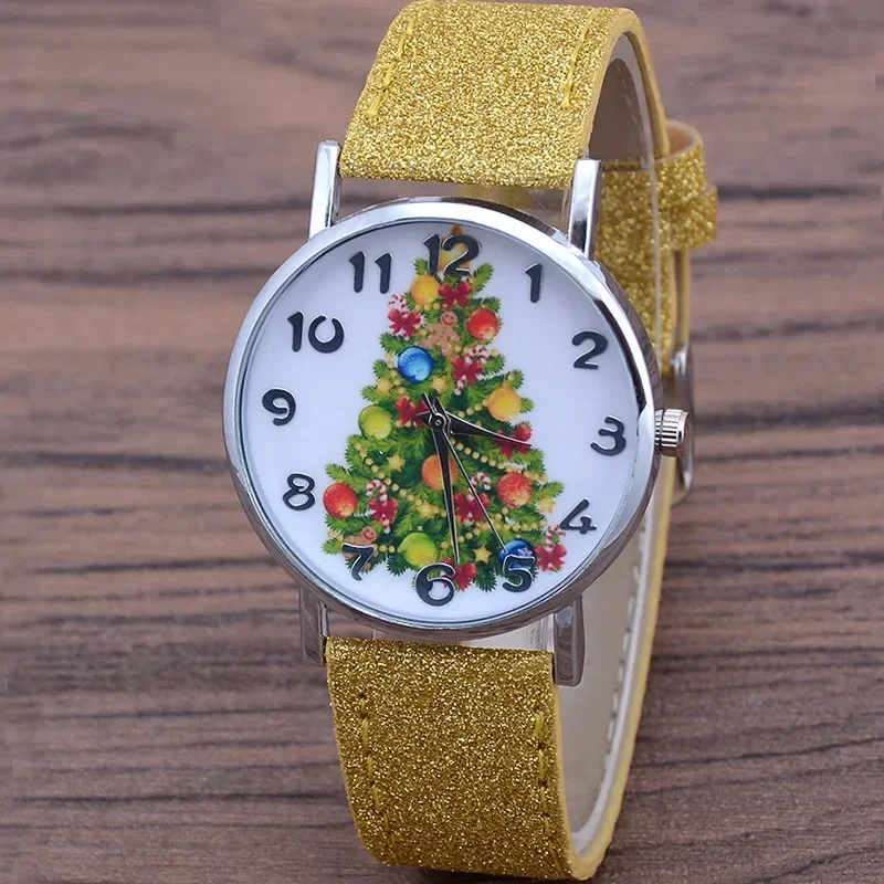 Relojes de pulsera de cuarzo informales con árbol de Navidad para Mujer, relojes con correa de cuero de Color brillante, Reloj bonito para Mujer, Reloj de regalo para Mujer