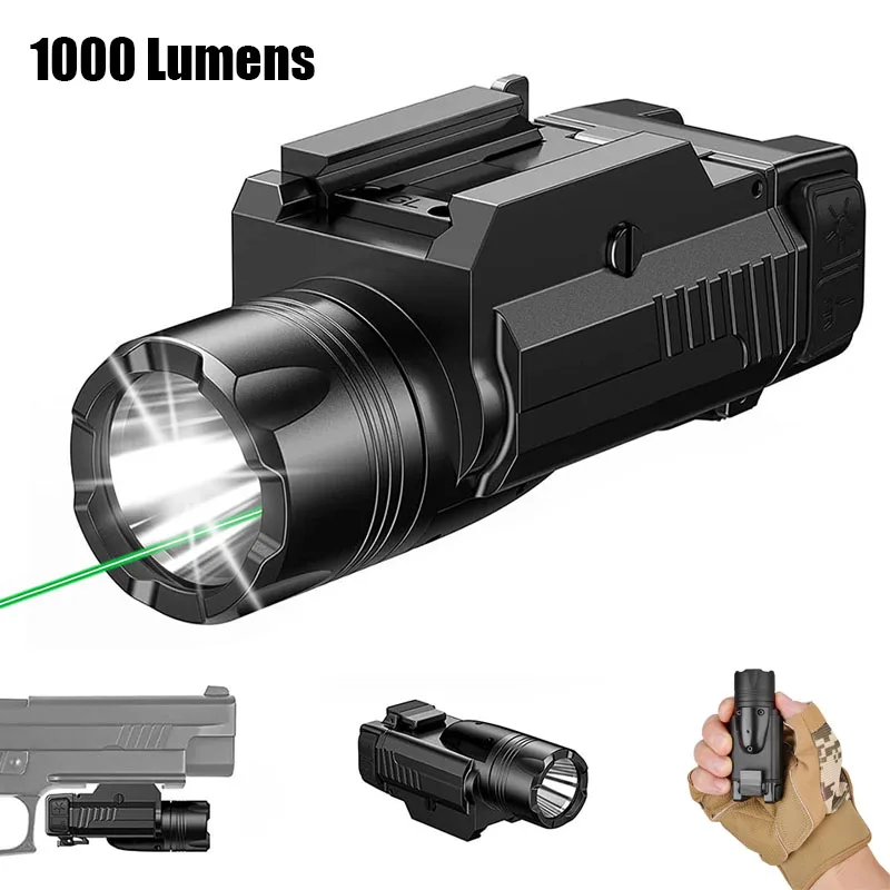 1000루멘 권총 손전등 레이저 콤보 무기 총 라이트 빨간색/녹색 레이저 시력 스트로브 LED 토치(20mm 레일용 빠른 분리 포함)