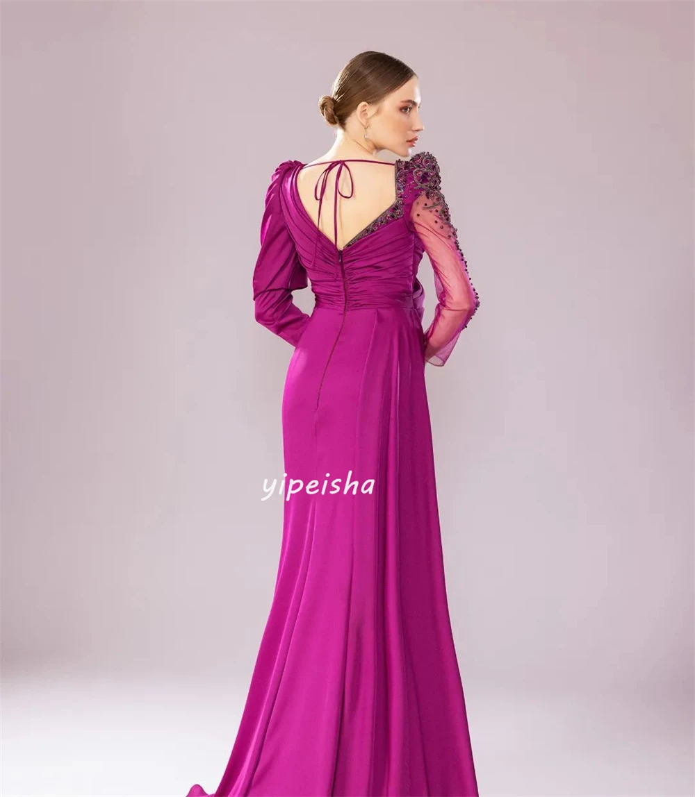 Exquisite Satin Applique Sequined Pleat Ruched Rhinestone Straight Poretrait Sweetheart Long Dresses Prom Dresses Classic