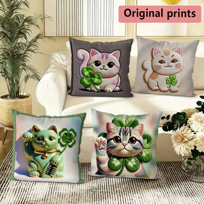 

Lucky Cat & Clover Square Throw Pillow Covers Pattern Cushion Cover Suitable For Sofa Bedroom Car Pillow Cover