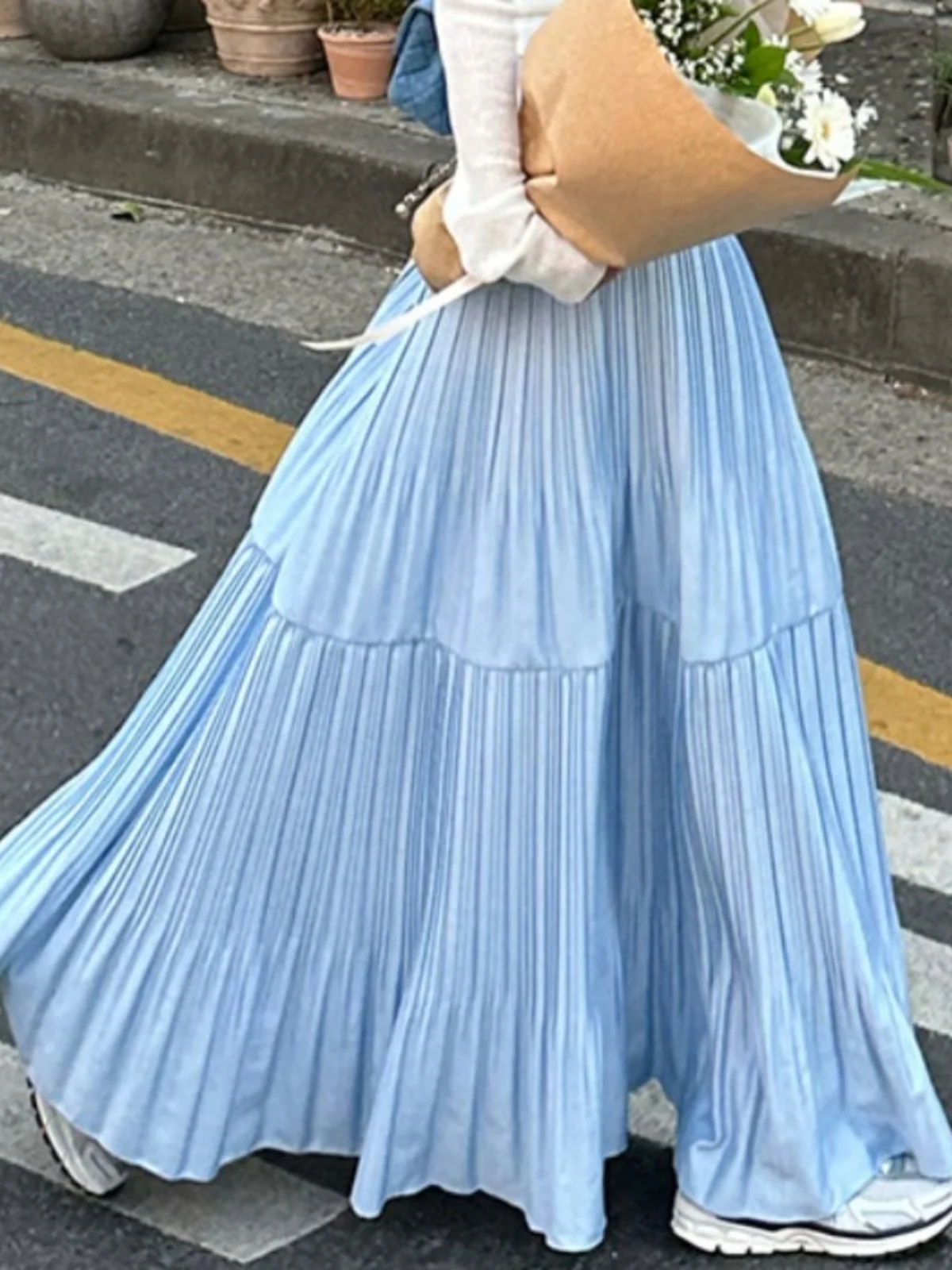 Saia midi e e cada em linha a, cintura alta, emaecimento, design assimétrico, babado cleto, estilo coreano, s...