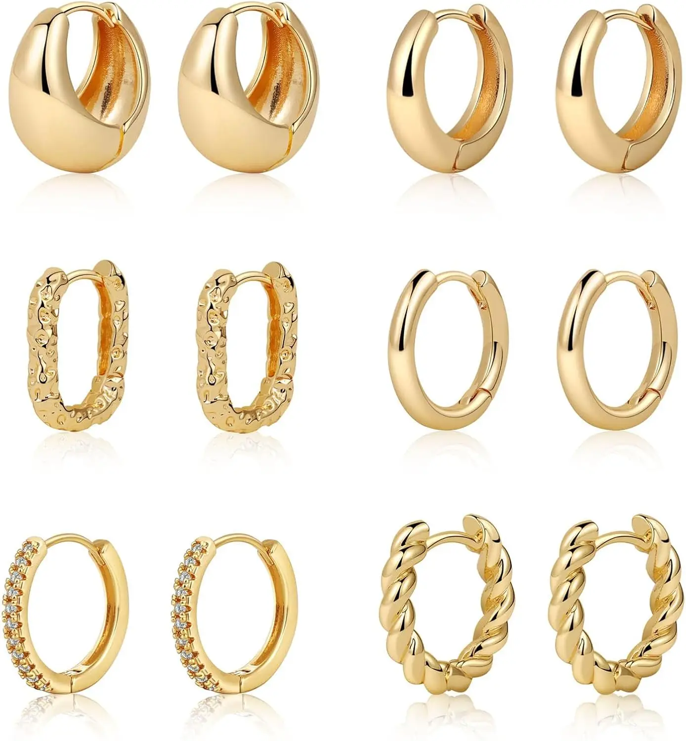 

Small 6 Pair Gold Plated Huggie Hoops Lightweight Hypoallergenic Cute Earrings Set for Women Trendy Gift