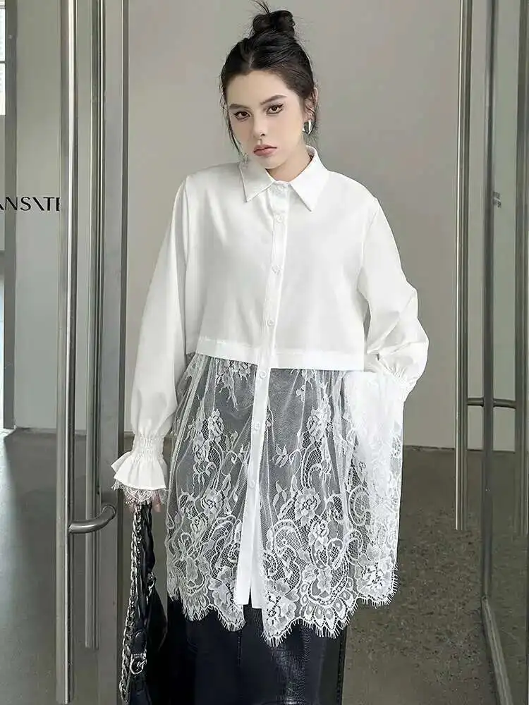 

Women White Lace Perspective Big Size Long Blouse New Lapel Long Sleeve Shirt Fashion Tide Spring Autumn