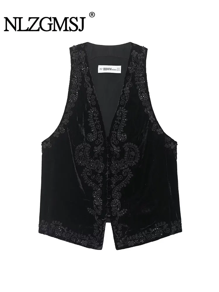 

NLZGMSJ Chic Fashion Embroidery Vest Woman Suede Vests For Women V Neck Sleeveless Single-breasted Waistcoat Vintage Top