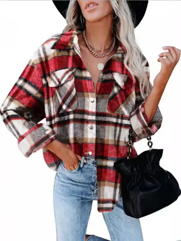 

Women's Single-Button Plaid Collared Shirt Casual Style Long Sleeve Regular Fit Shirt Checkered Patterned Top for Ladies