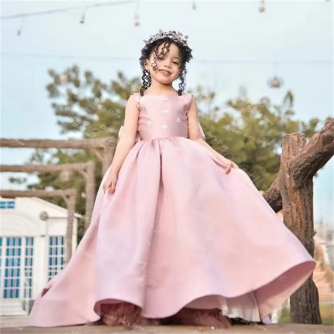 

Customized Girls Party Gown Pink Satin Princess Flower Girl Dresses for Wedding Toddlers Crystal Bow Pageant Birthday Dress