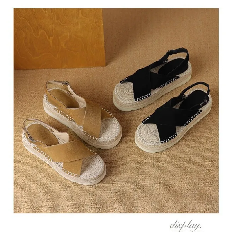 Platform Sandals Women's Summer Outer Wear Leather Roman Korean Height Increase Cross Belt Holiday Yuu Versatile Shoes