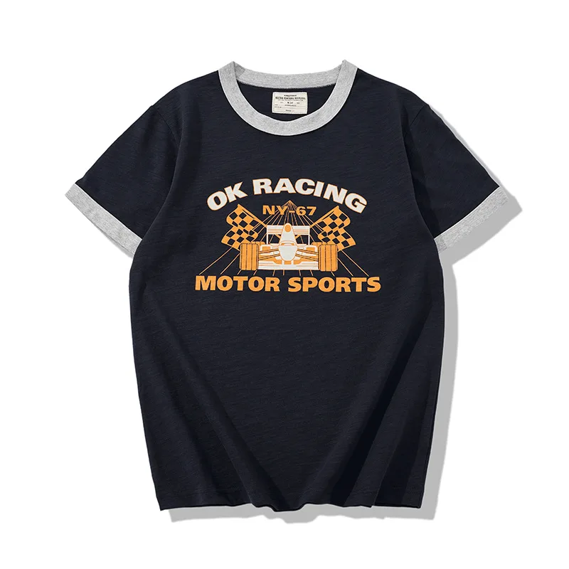 Summer New American Retro Workwear Shirt Short Sleeve 255g Old Bamboo Cotton Color Line Retro Racing