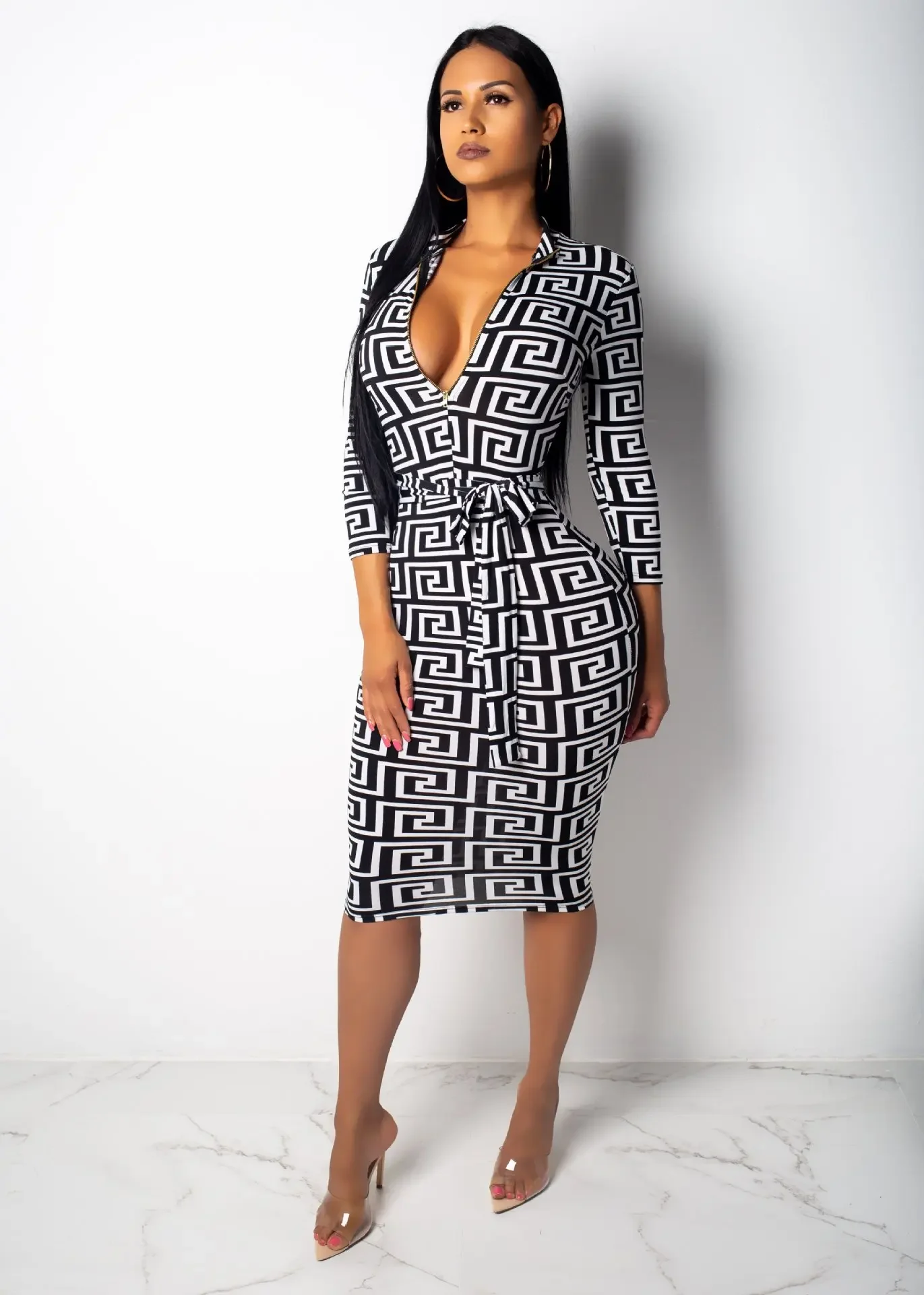 Frauen Herbst Sommer Eleganten Druck Schlank Hohe Taille Kleid Büro Dame Langarm Midi Plaid V-ausschnitt Party
