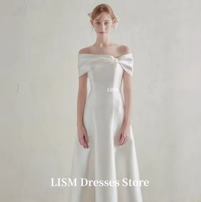 LISM Simple Off Shoulder A-Line Korea Wedding Dresses Corset Back Customized Long Elegant Bridal Gowns 결혼식 드레 Photo Shoot Satin