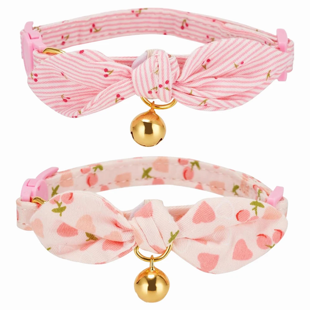 

Cotton Bowtie Cat Collar with Bell 2 Pack Adjustable Breakaway Kitten Collars Pink Green Removable Bow Cat Necklace for Cats Pet