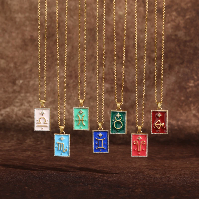 

Vintage Enamel 12 Constellation Pendants And Necklaces Colorful Square Antique Gold Color Luxury Designer Jewelry Birthday Gifts