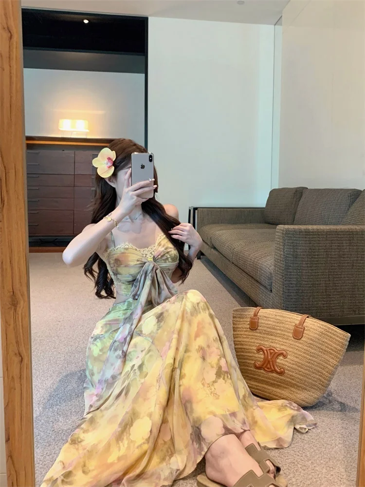 Damska letnia spódnica maxi z wysokim stanem, wyszczuplająca, w stylu koreańskim, z kwiatowym nadrukiem, o kroju litery A, idealna na co dzień i do pracy, kolekcja lato 2025.