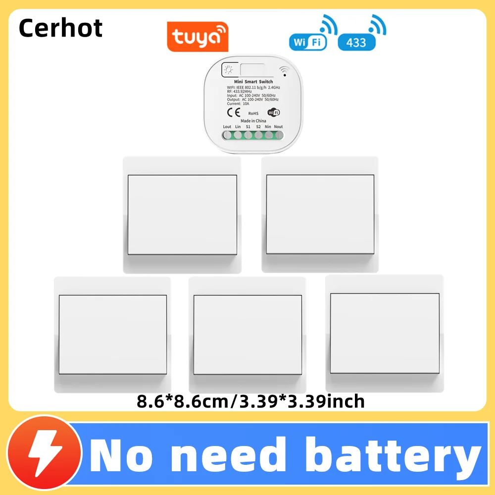 

Cerhot Tuya Wi-Fi умный переключатель беспроводной таймер умный дом приложение Tuya без батареи переключатель света работает с Google Home Alexa