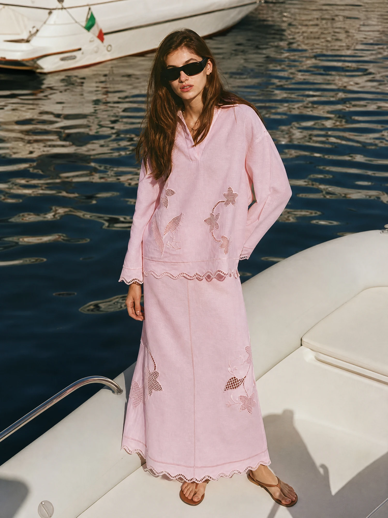 Elegant Embroidered Hollow out V-Neck Shirt And A-Line Skirt Set Linen Material Breathable Comfortable Women's Fashion Set