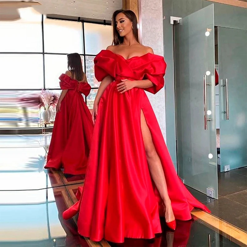 

GUXQD Gorgeous Long Satin Evening Dress Red For Bride With Sleeves Off the Shoulder Party Sexy Prom Gowns Side Slit Abendkleider