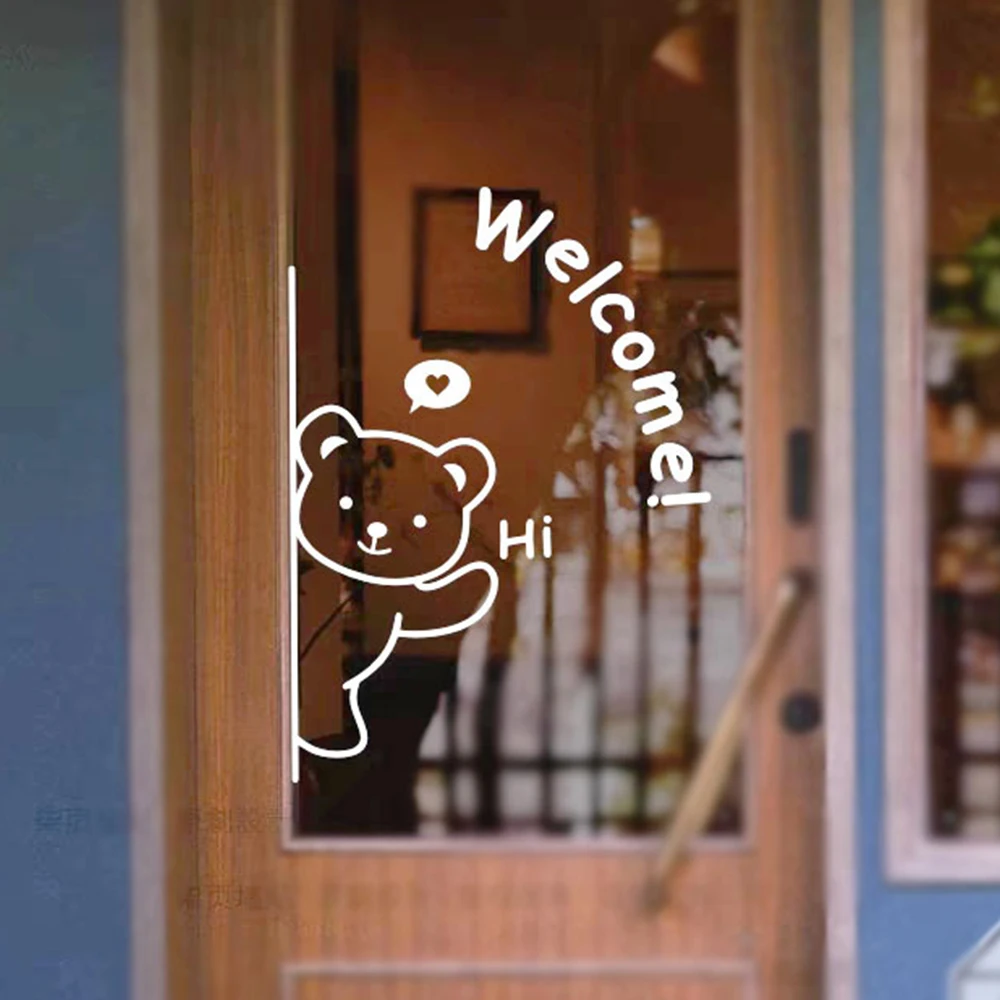 3D Wall Mirror Stickers Welcome Bear Home Decor Acrylic Self-adhesive Hi Bear Stickers For Shop Door Window Decorative Mirrors