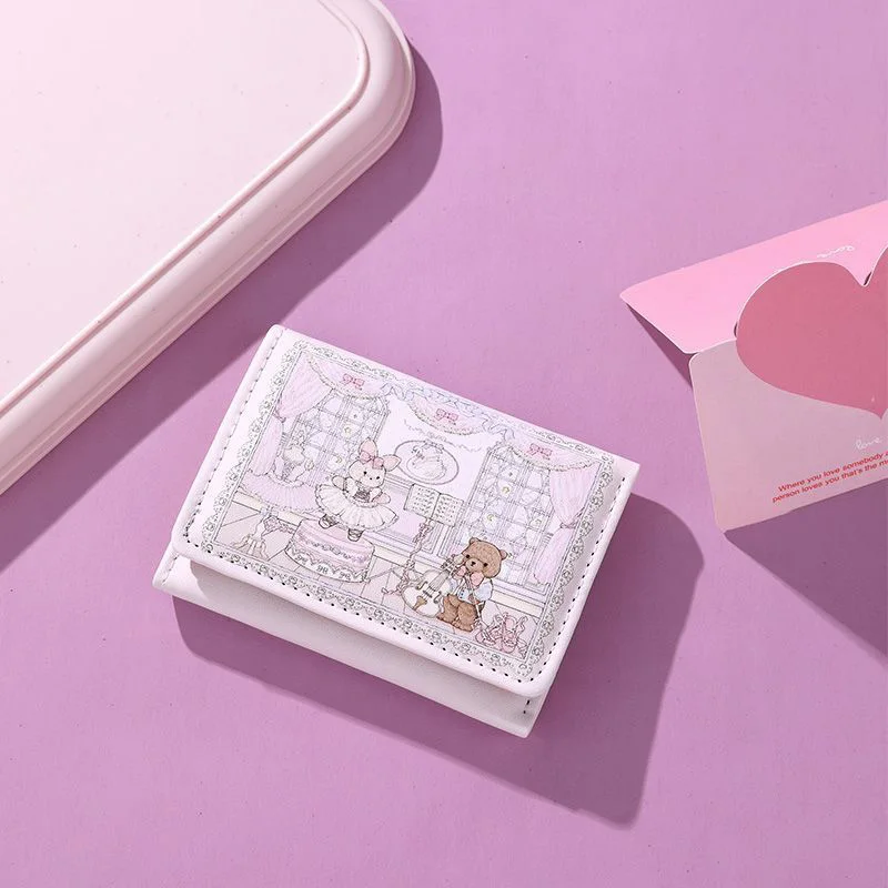 بو الجلود Kawaii لوليتا نمط الباليه الأرنب والدب المطبوعة محفظة قصيرة