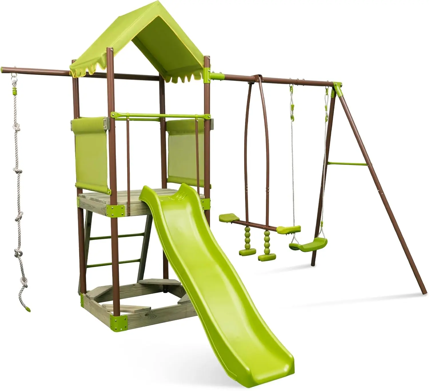 Spielturm, Klettergerüst mit Schaukel, Rutsche, Kletterseil, Gleitsitzen, Leiter und Sandkasten, Outdoor-Kletterturm für Kinder