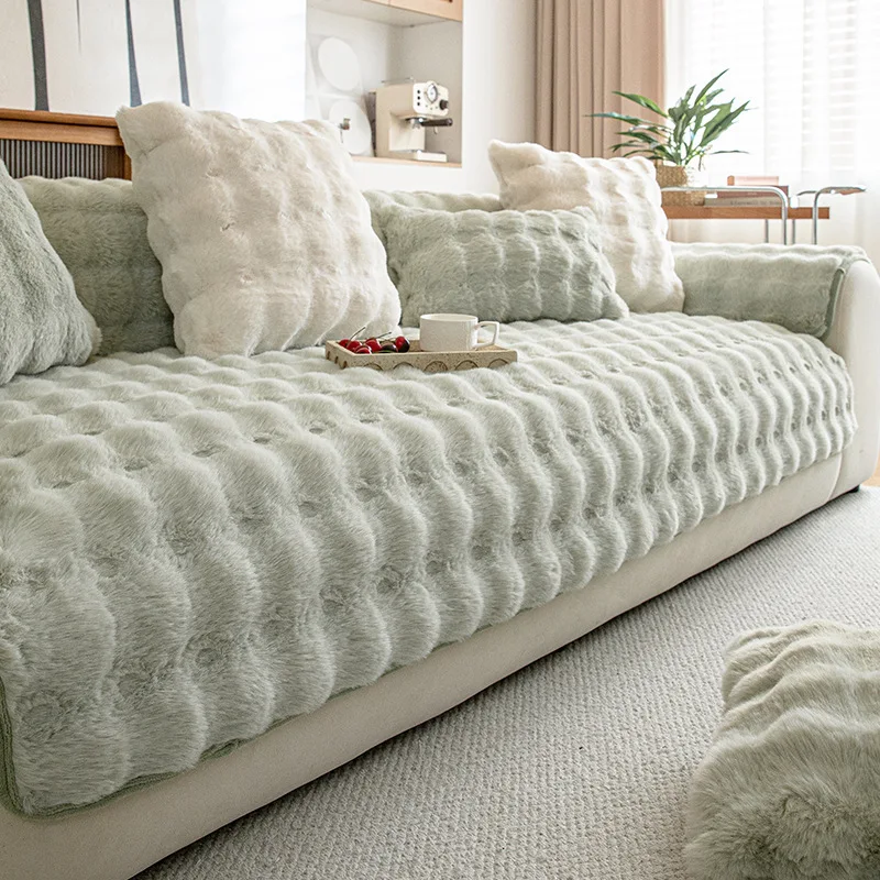 New straight sofa with thickened plush cushion, one-piece cream colored leather sofa cover cloth that can be removed and washed