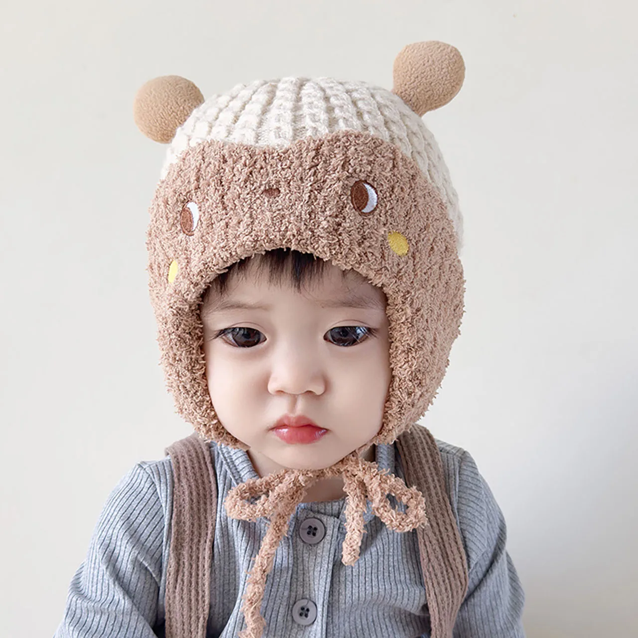 

Cute Plush Beanies For Baby Ear Protection Cap Cartoon Kids Fleece Earmuffs Caps Winter Warm Infant Woolen Knitted Hat 0-2Year