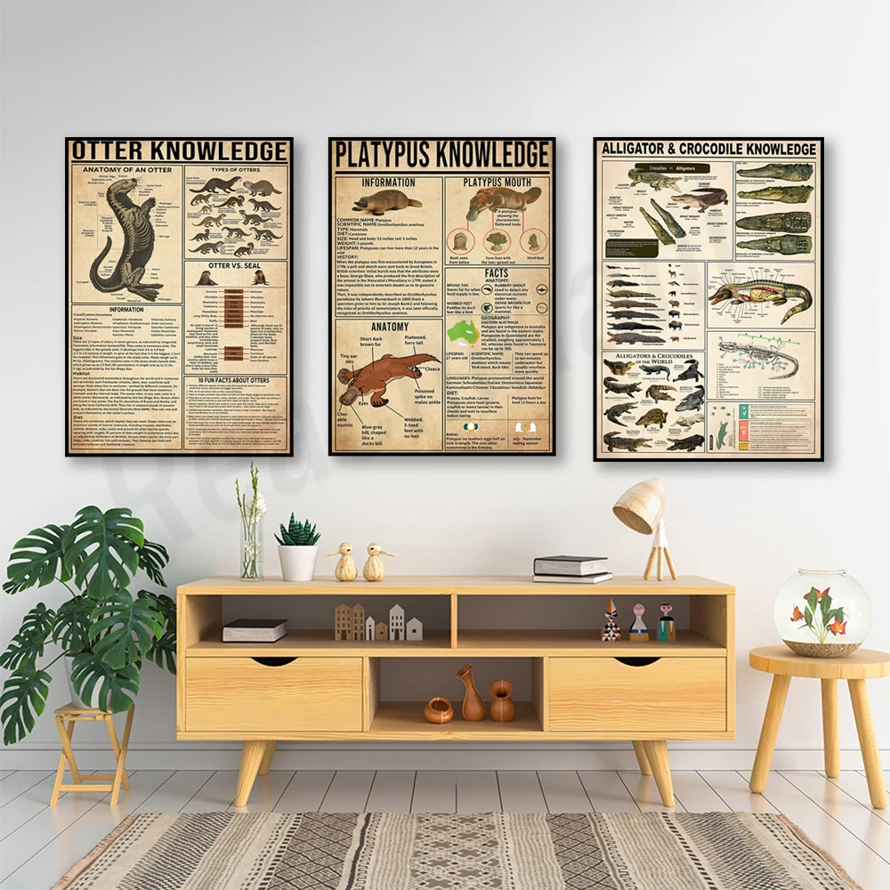 Otter information poster, crocodile information print, platypus information poster, platypus art, educational wall decoration