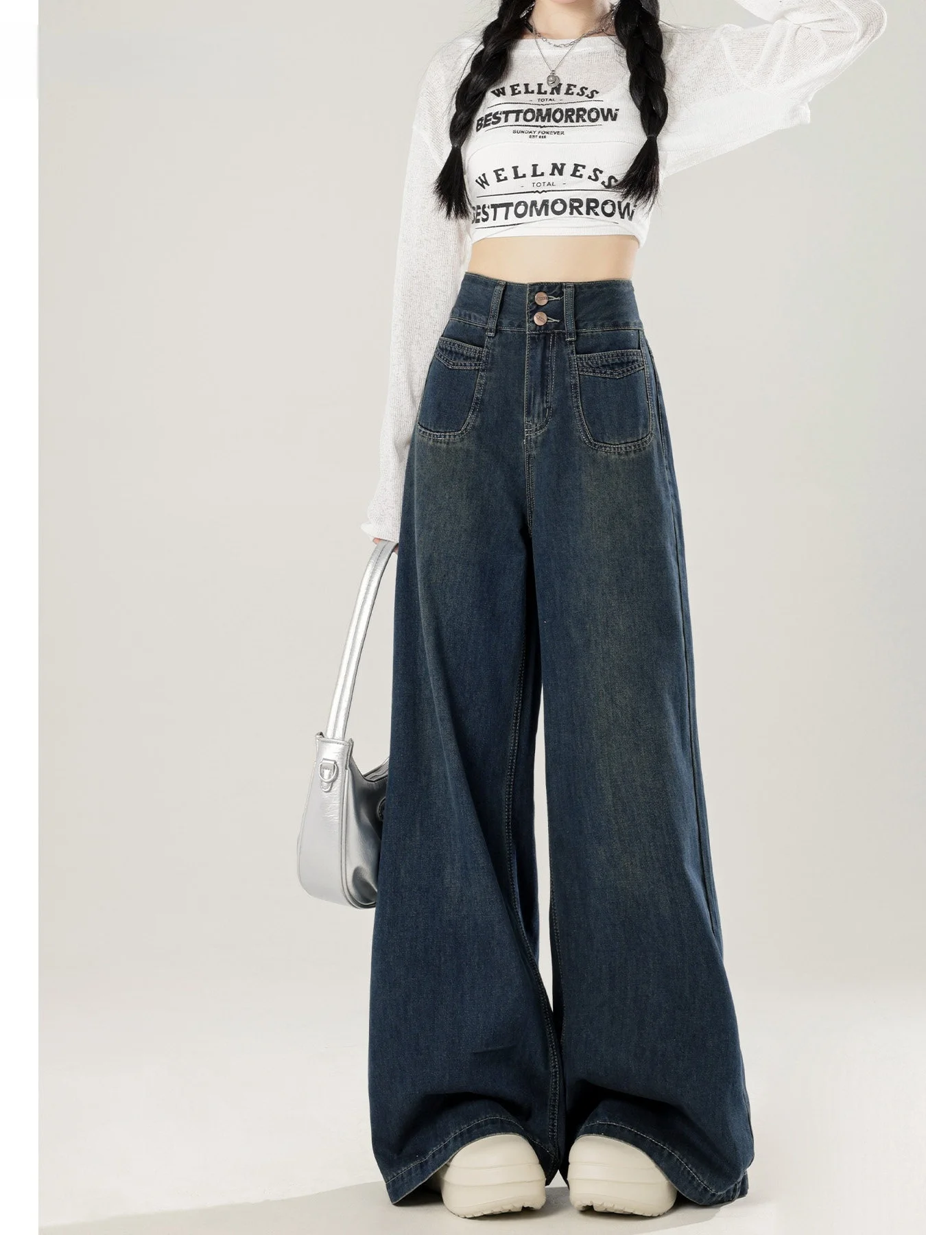 

Retro Loose Wide Leg Denim Jeans Women's New 2026 Spring Autumn plus Size Draping Floor-Length Straight Leg Pants