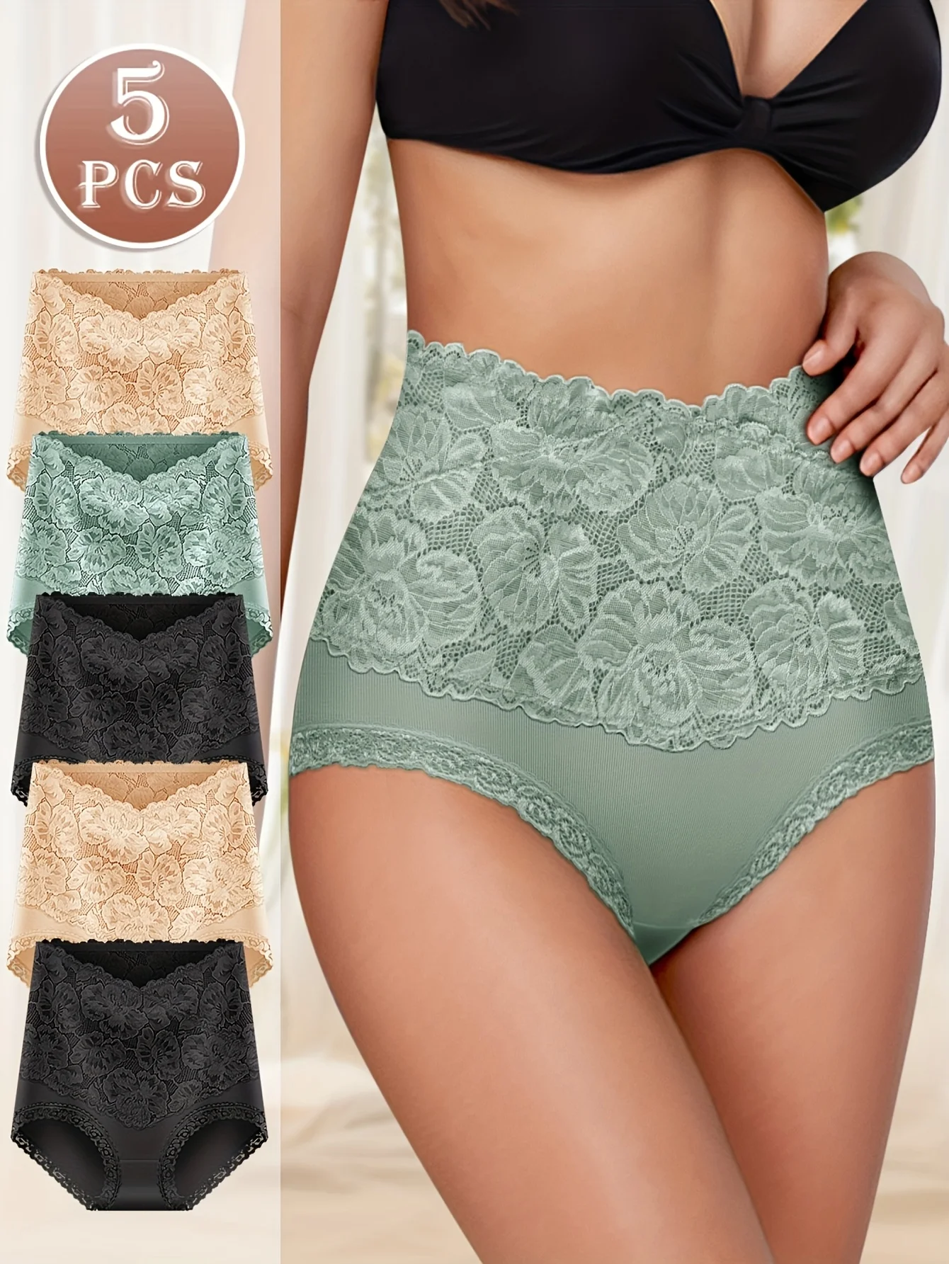

5 Pack of High Waisted Belly-Controlling Women's Underwear, Jacquard Pattern, Comfortable Fit, Butt-Lifting, Butt-Covering, Lace