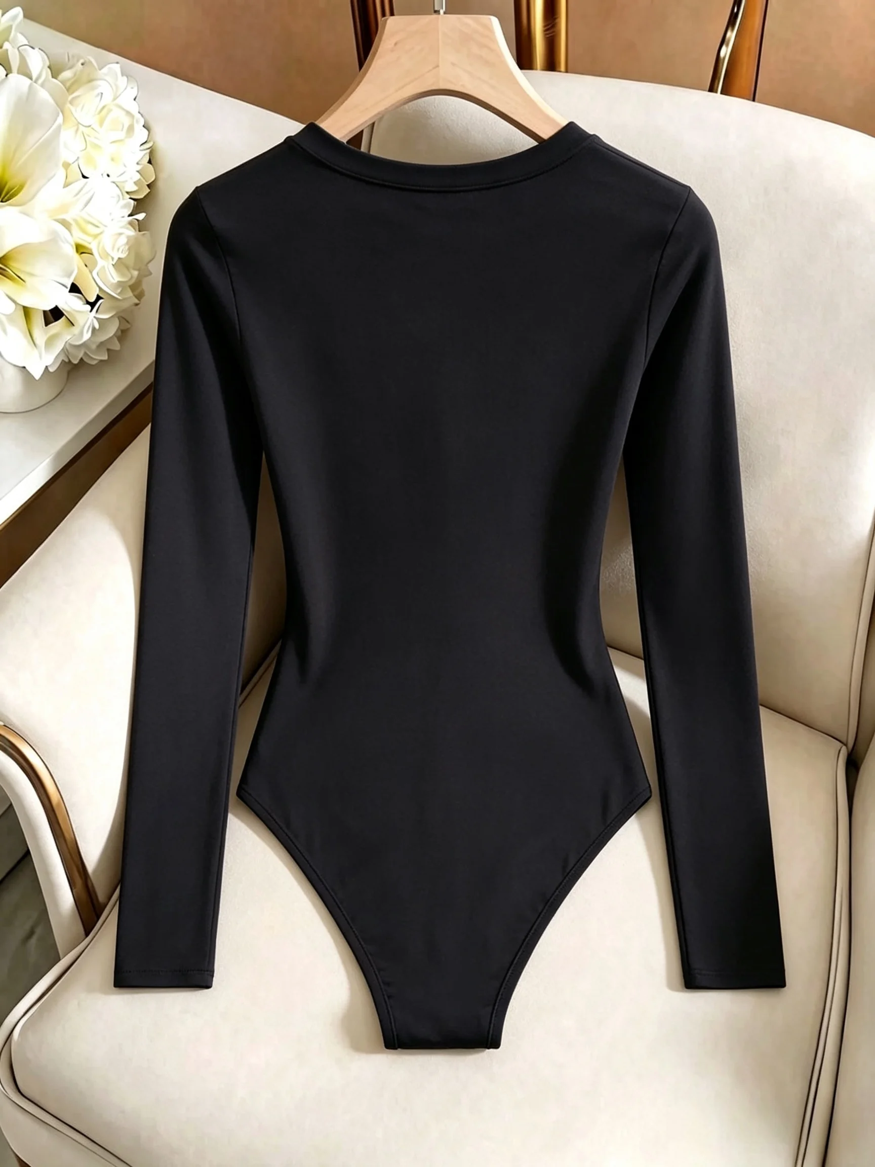 Damen-Body mit Rundhalsausschnitt und langen Ärmeln, hoch geschnitten, schmal geschnitten, figurbetont, Y2K, sexy, lässig, Basic, einteiliges Oberteil – Detail 1